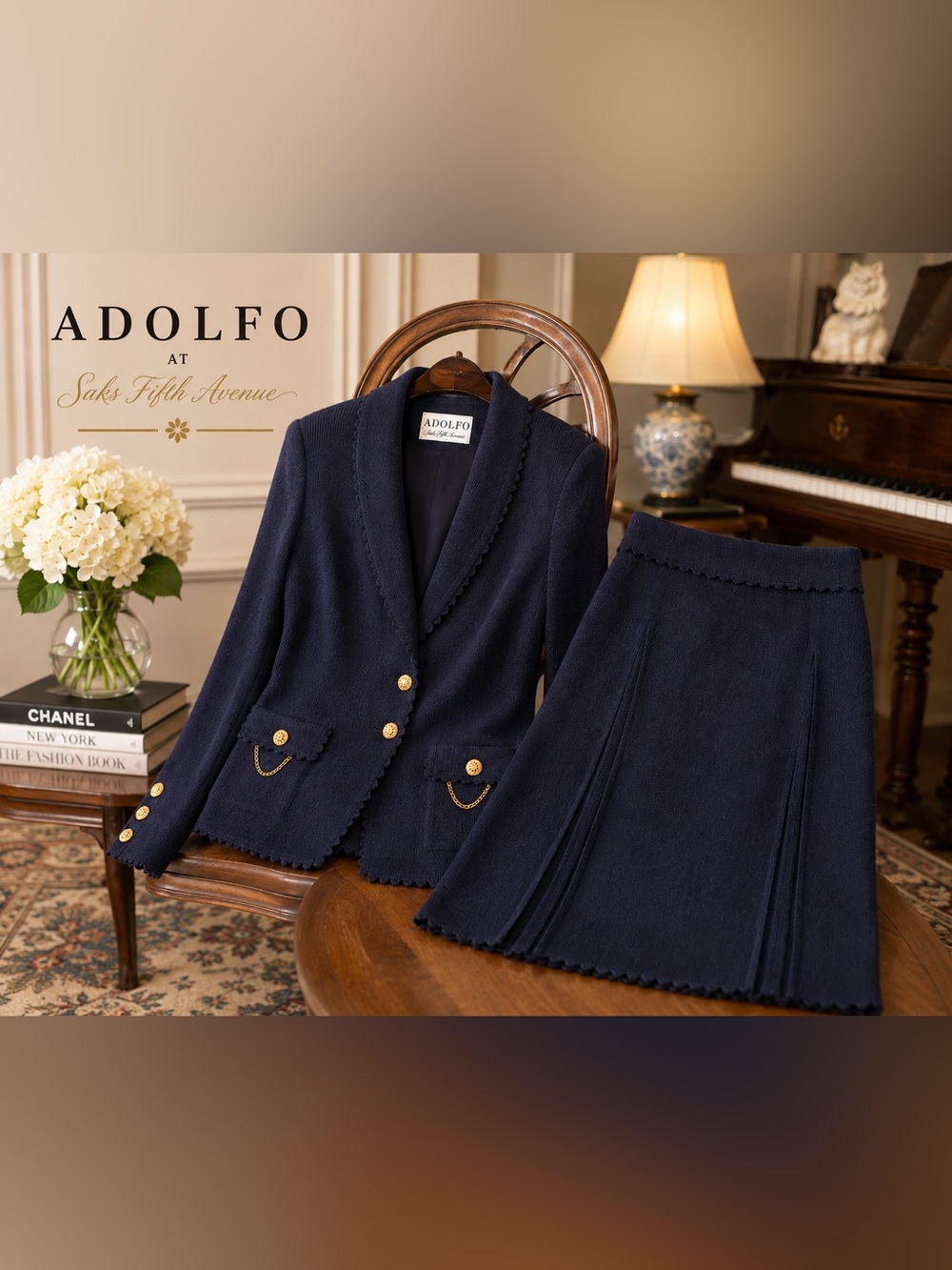 Vintage Adolfo Saks Fifth Avenue Navy Knit 2-Pc Skirt Suit Gold Chain XS